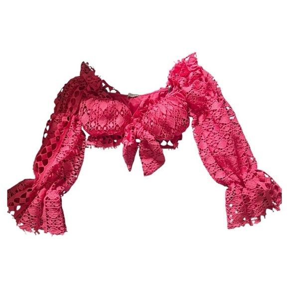 Women's Pink Lace Off-Shoulder Tie Front Top - Picture 3 of 6